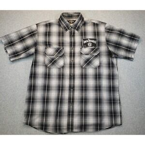Jack Daniels Button Down Shirt Mens Gray White Black Plaid Size L Short Sleeve